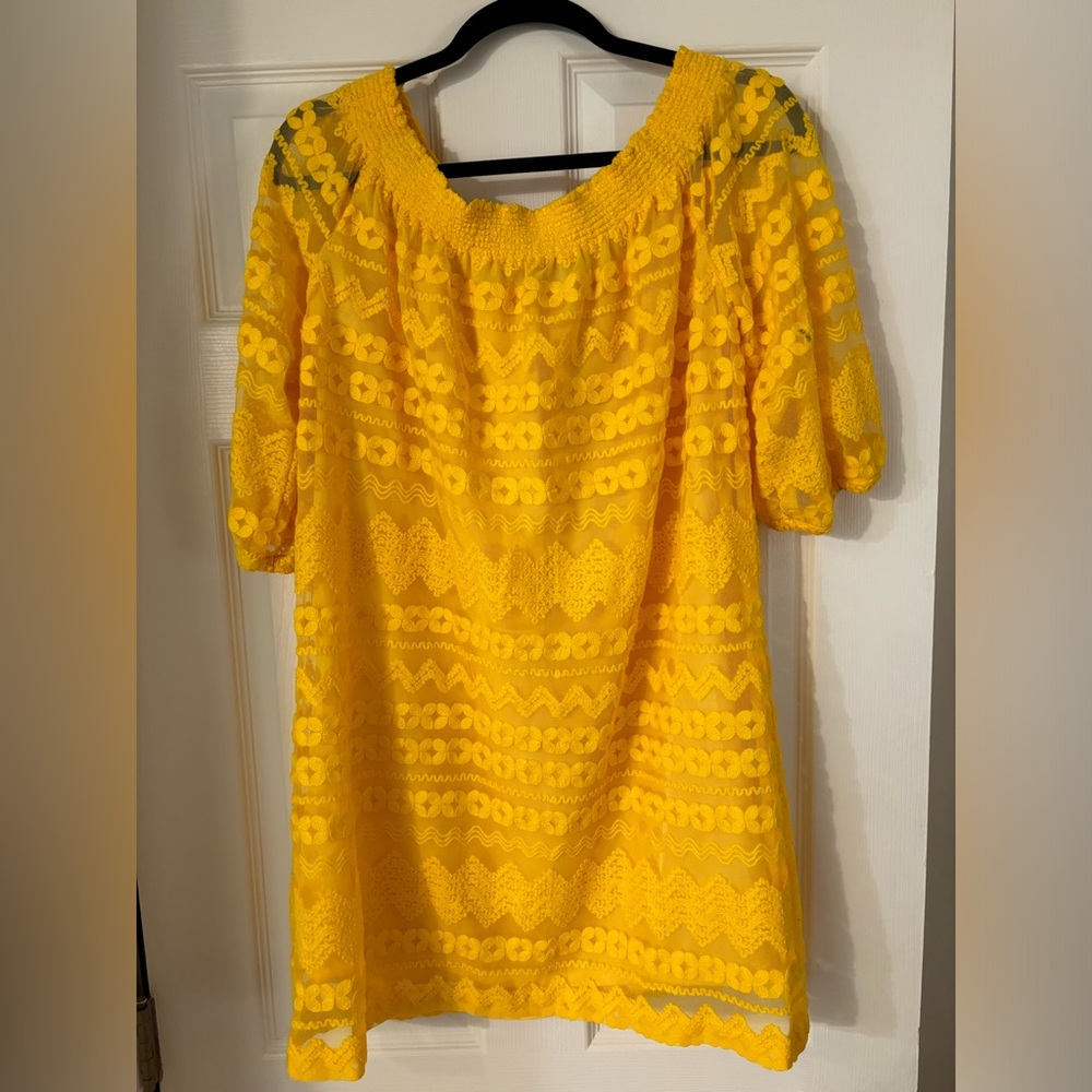 Trina Turk Hoku Lace Embroidered Off-the-Shoulder Shift Dress- Yellow, Large